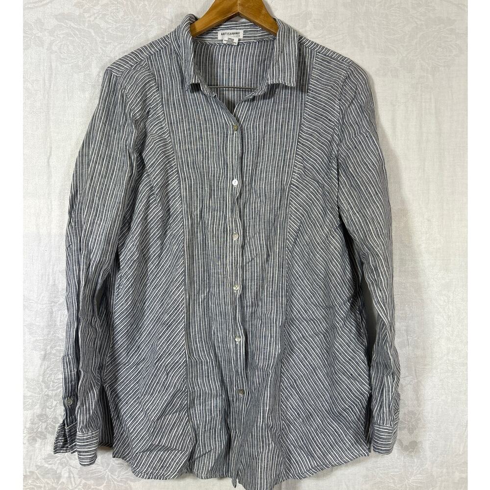 Artisan NY Button Up Large Blue White Striped 100% Linen Long Sleeve Coastal